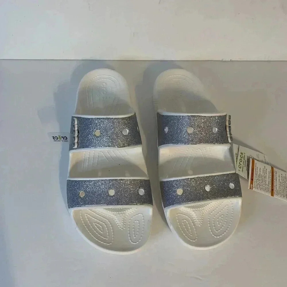 Crocs Classic Two Strap White Silver Glitter Slide Sandals Shoes Men’s Size 12